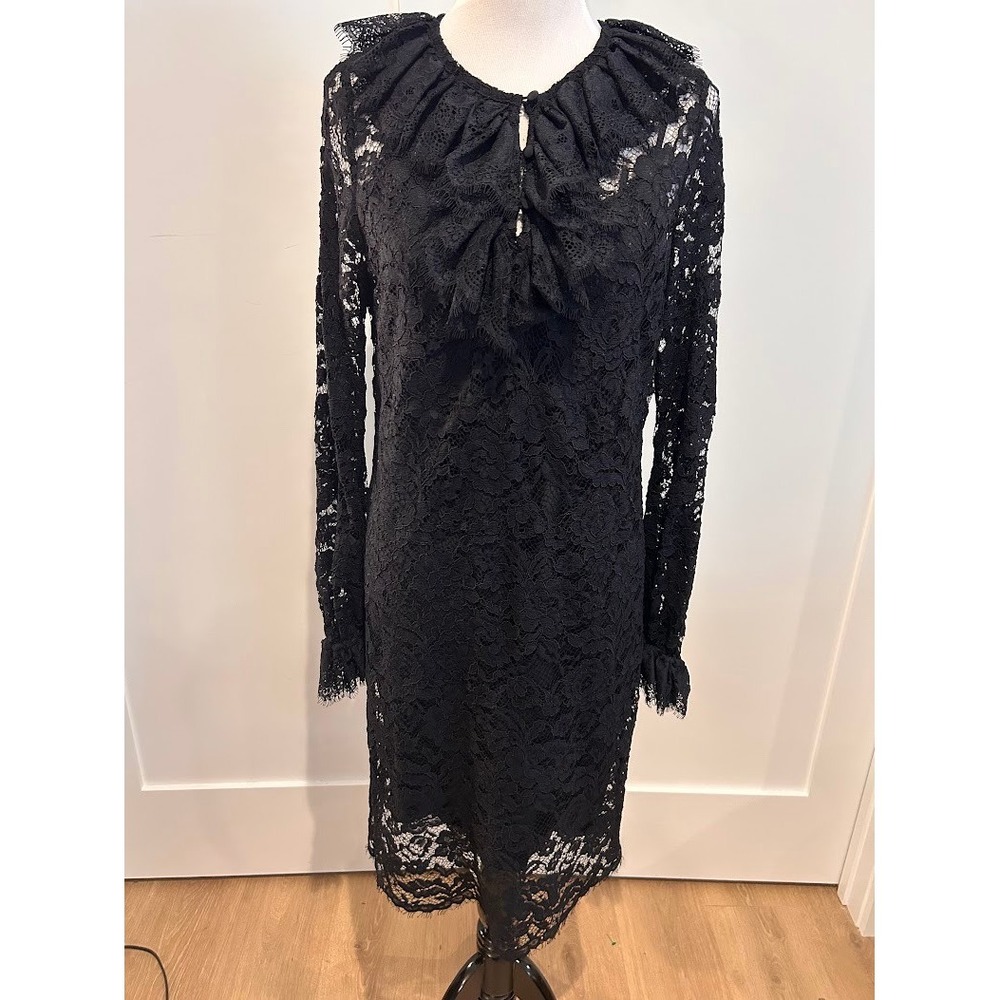 Tory Burch Black Floral Guipure Lace Ruffle Collar Midi Dress Long Sleeve Size 8